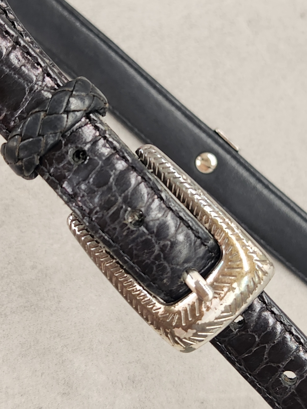 Vintage Brighton Belt Women's 32 Black Leather Colorblock Animal Print Croc - Picture 4 of 13